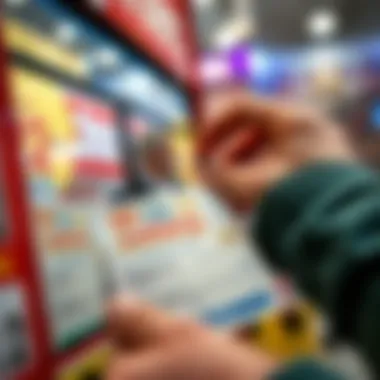 A close-up shot of a lottery ticket being selected from a display