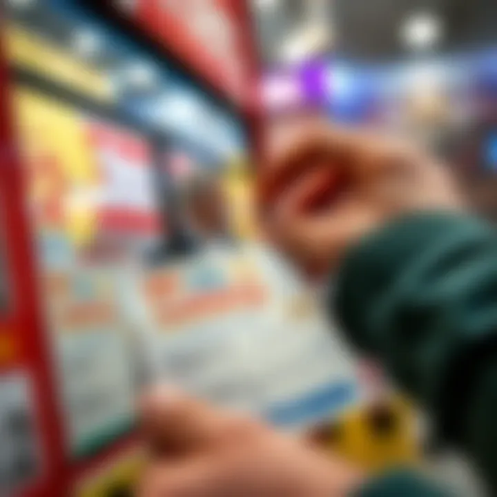 A close-up shot of a lottery ticket being selected from a display